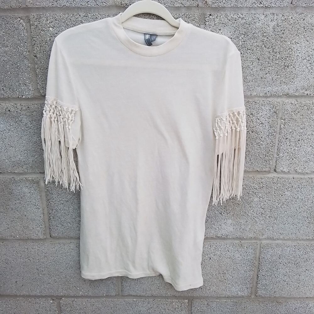 ASOS Womens Tee‎ Cream 2XS Soft Short Sleeve Knit Top Scoop Neck Fringe